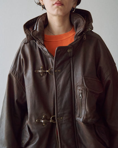 【SIZE S-M】80s Italian Leather Fireman  Hooded Jacket / Brown