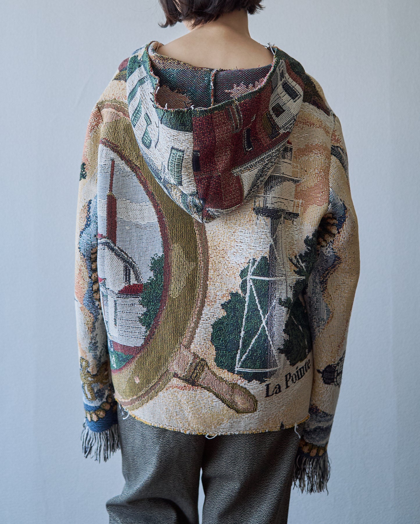 Lighthouse Jacquard Tapestry Remake Hoodie / Fringe Trim Multi