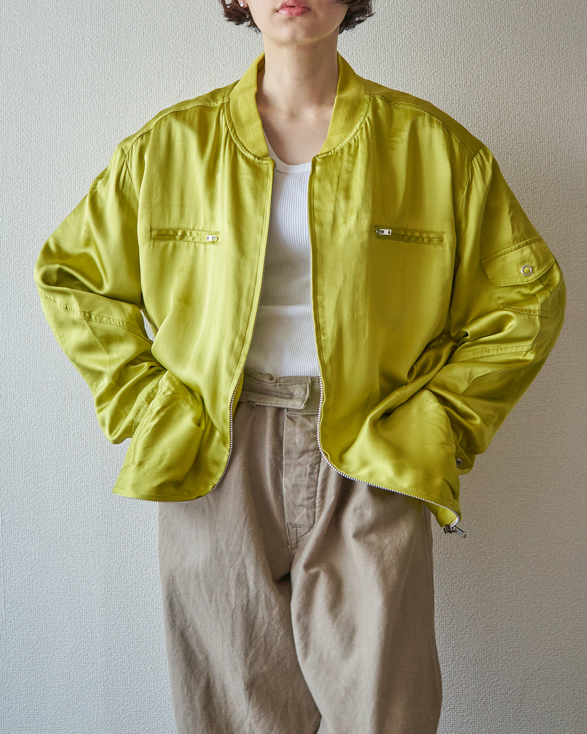【SIZE S-M】2010s CHICO'S DESIGN Silk Satin MA-1 Bomber / Chartreuse Yellow