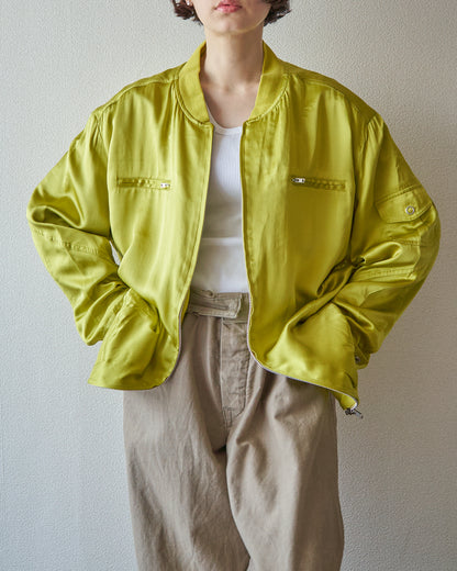 【SIZE S-M】2010s CHICO'S DESIGN Silk Satin MA-1 Bomber / Chartreuse Yellow