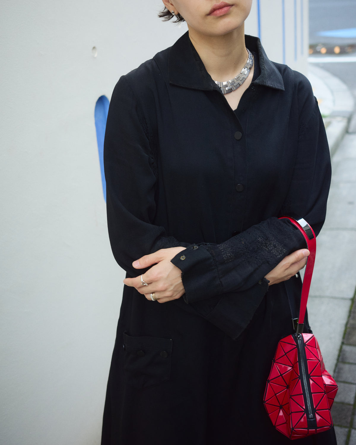【SIZE S】-1940s French Black Cotton Sateen Maid Dress / Hand-Darned Repairs