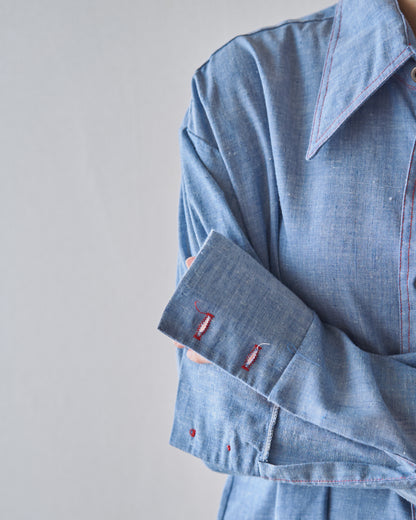 【SIZE M-L】70-80s HOUSE OF HANOVER Contrast-Stitch Poly-Cotton Western Chambray Shirt / Blue