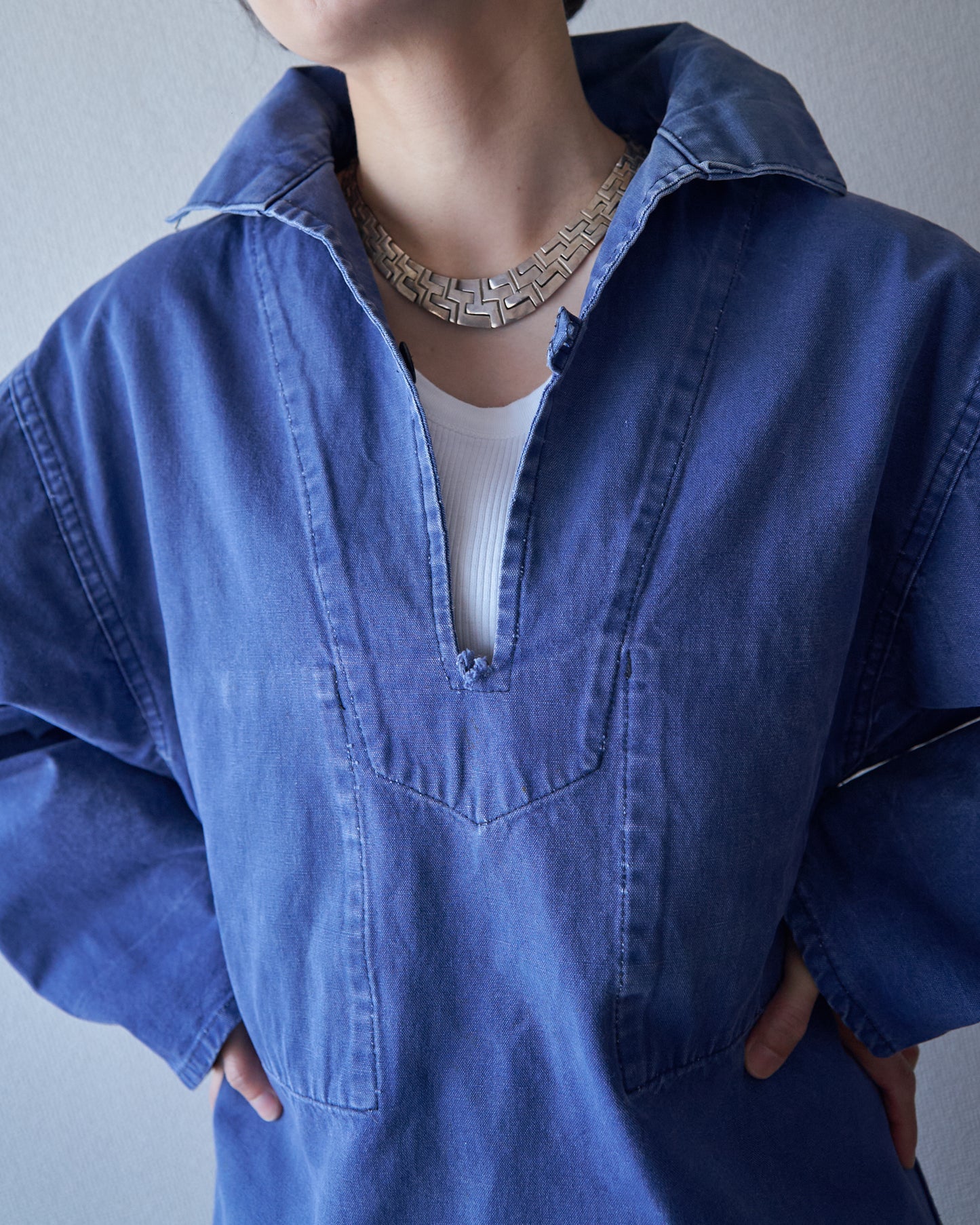 ~70s LE GLAZIK Cotton Canvas Faded French Fisherman Pullover Smock / Blue