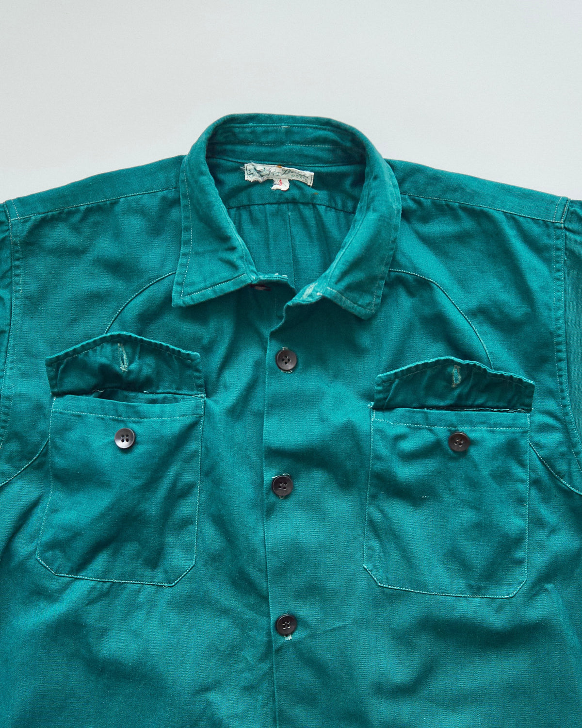 【SIZE S】1950-60s French Cotton Twill Back-Button Work Shirt / Deep Teal