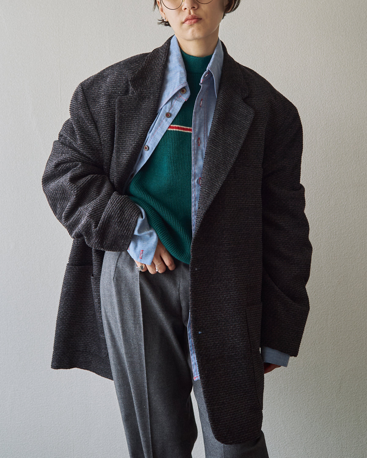 【Size L】90s JHANE BARNES Wool/Linen Textured boucle Jacket / Black