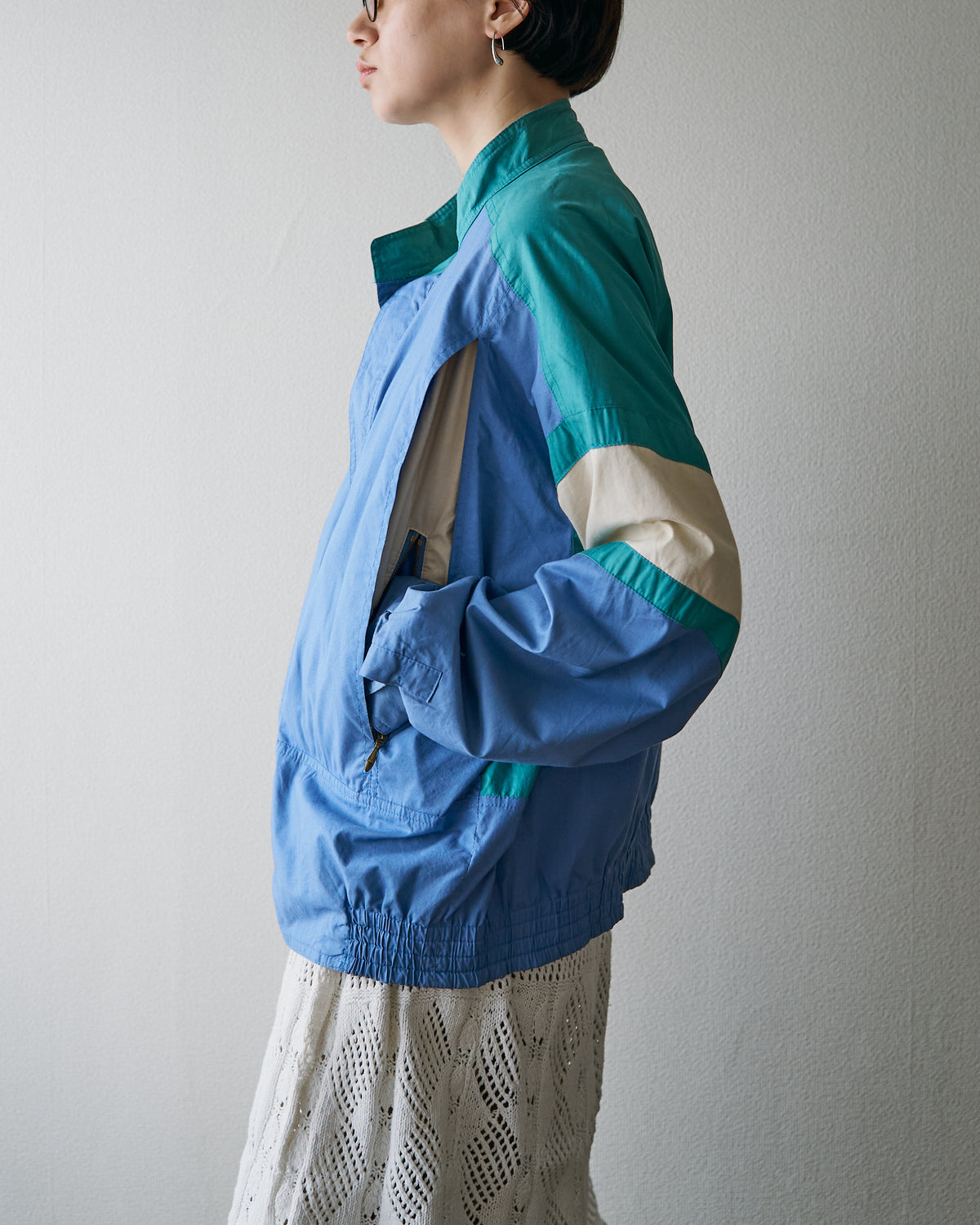 【SIZE M-L】80-90s PULSAR SPORTSWEAR Cotton Color-Block Sport Jacket / Cornflower Teal