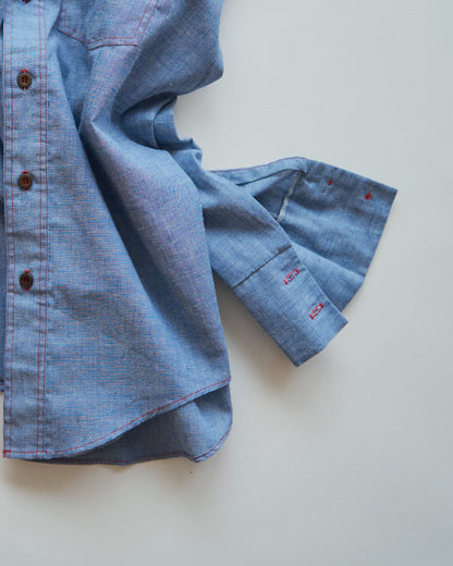 【SIZE M-L】70-80s HOUSE OF HANOVER Contrast-Stitch Poly-Cotton Western Chambray Shirt / Blue