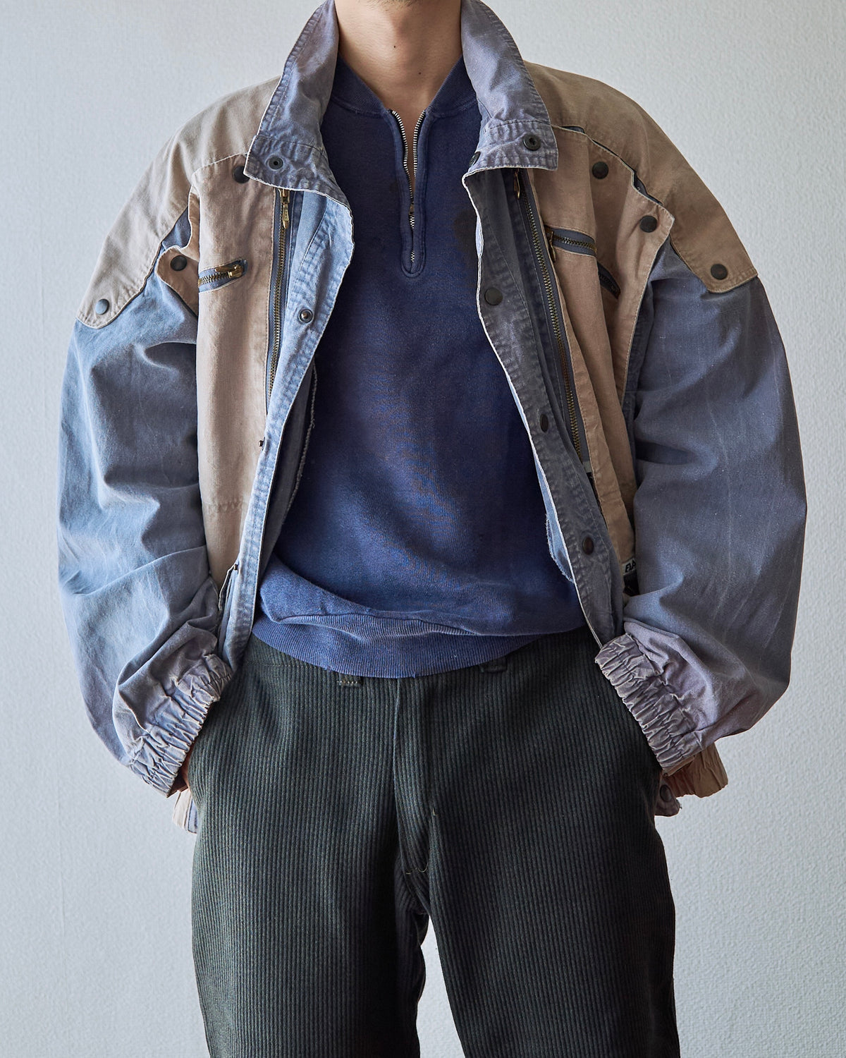 【SIZE M-L】80-90s FLASH Cotton Twill Detachable Multi-Pocket Bomber Jacket / Grey Beige