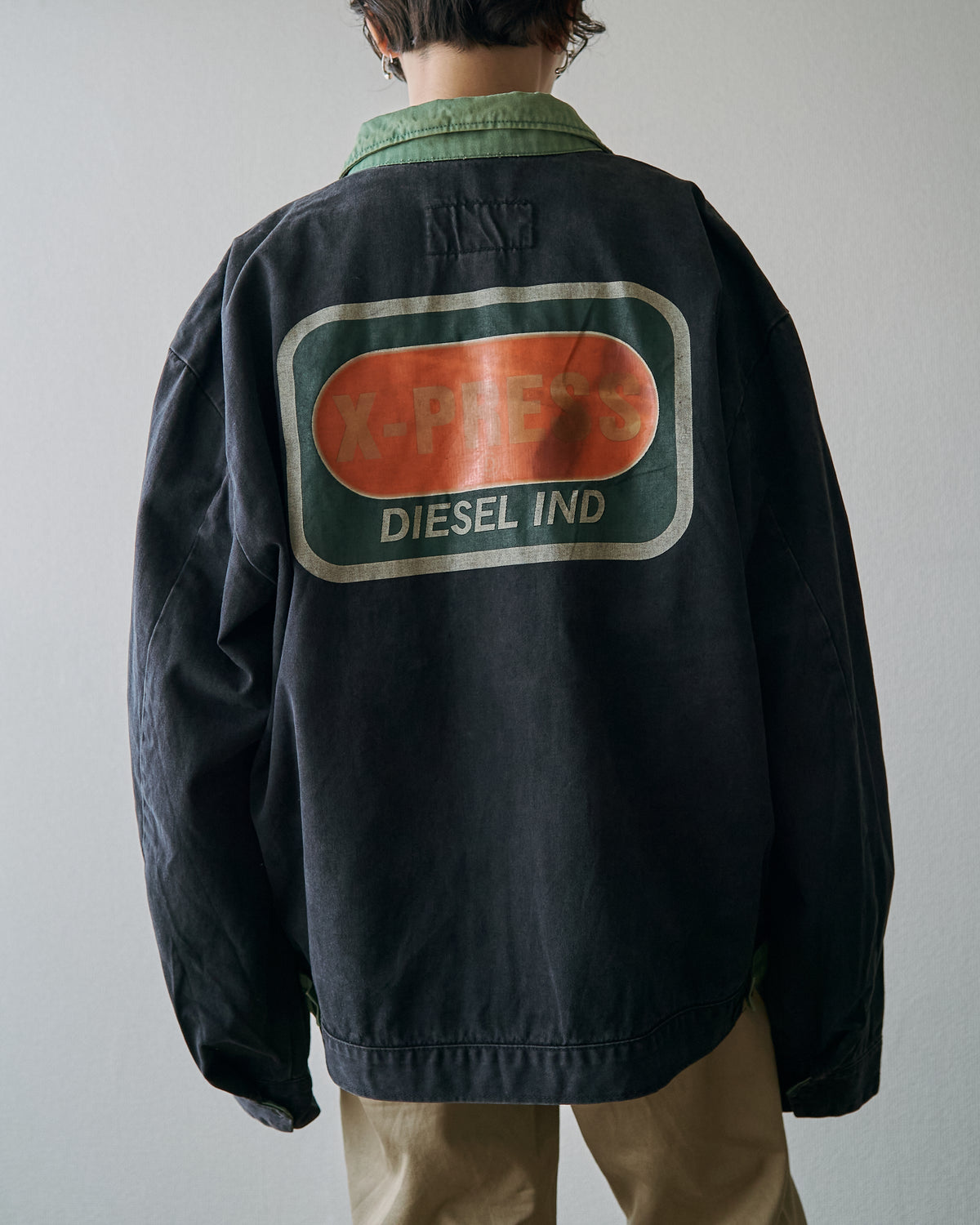 【SIZE L】90s DIESEL Industry Cotton Twill Contrast Collar Work Jacket / Black x Moss Green