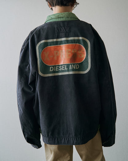 【SIZE L】90s DIESEL Industry Cotton Twill Contrast Collar Work Jacket / Black x Moss Green