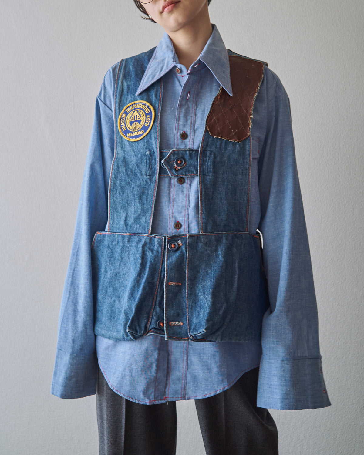 【SIZE M】60-70s Denim Leather Recoil-Pad  Shooting Vest / Orange Stitch