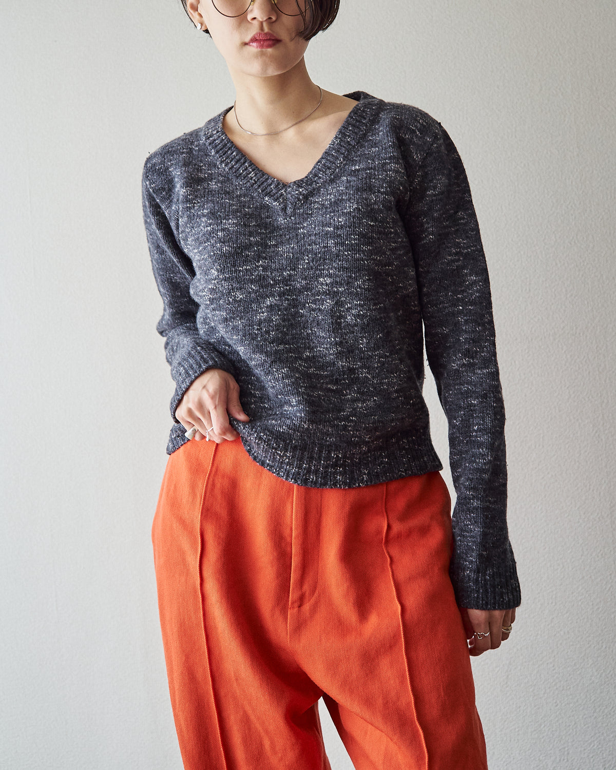 【SIZE S-M】90s agnès b. WOOL MELANGE V-NECK KNIT / Charcoal