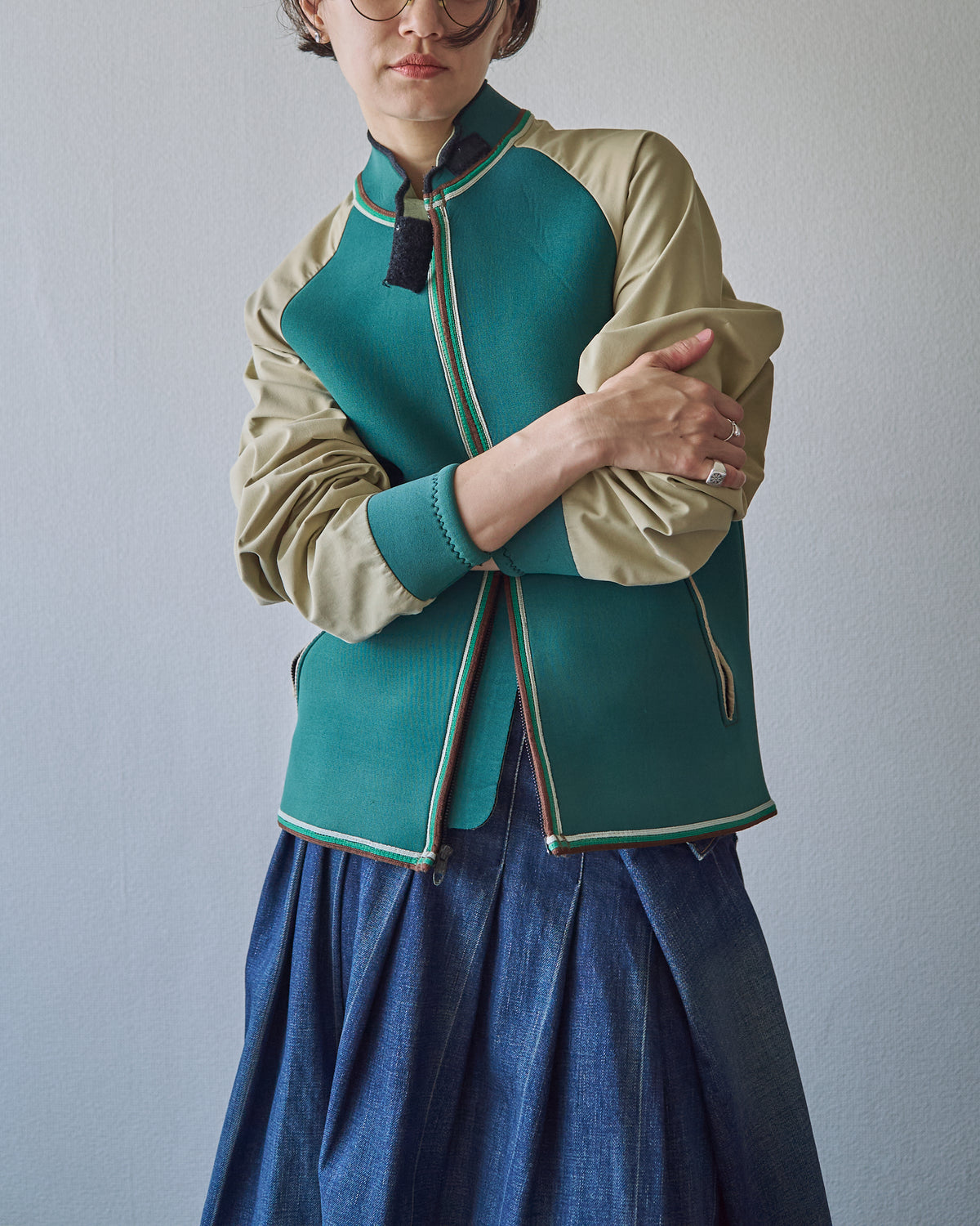 【SIZE S】1980-90s Neoprene Switching Jacket / Green × Beige