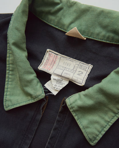 【SIZE L】90s DIESEL Industry Cotton Twill Contrast Collar Work Jacket / Black x Moss Green