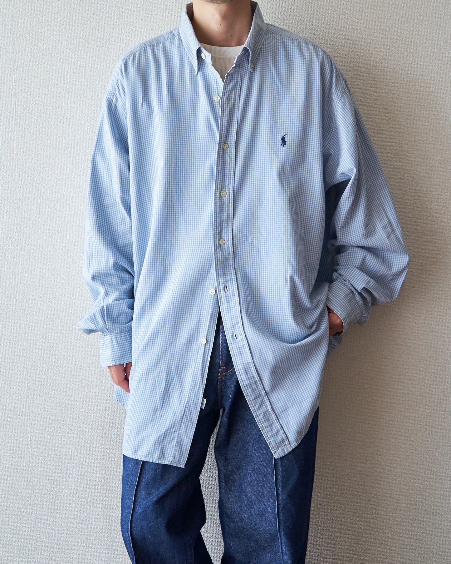 90-00's RALPH LAUREN "BLAKE" Cotton Twill Gingham BD Shirt / Blue × White