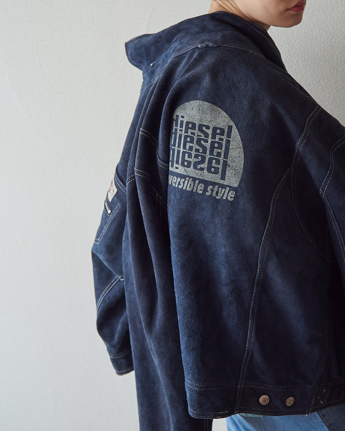 【SIZE L】90s-00s DIESEL Suede Reversible Trucker Jacket / Navy