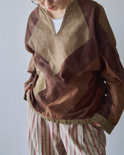 【SIZE S】70s Geometric Patchwork Suede Pullover / Tonal Brown