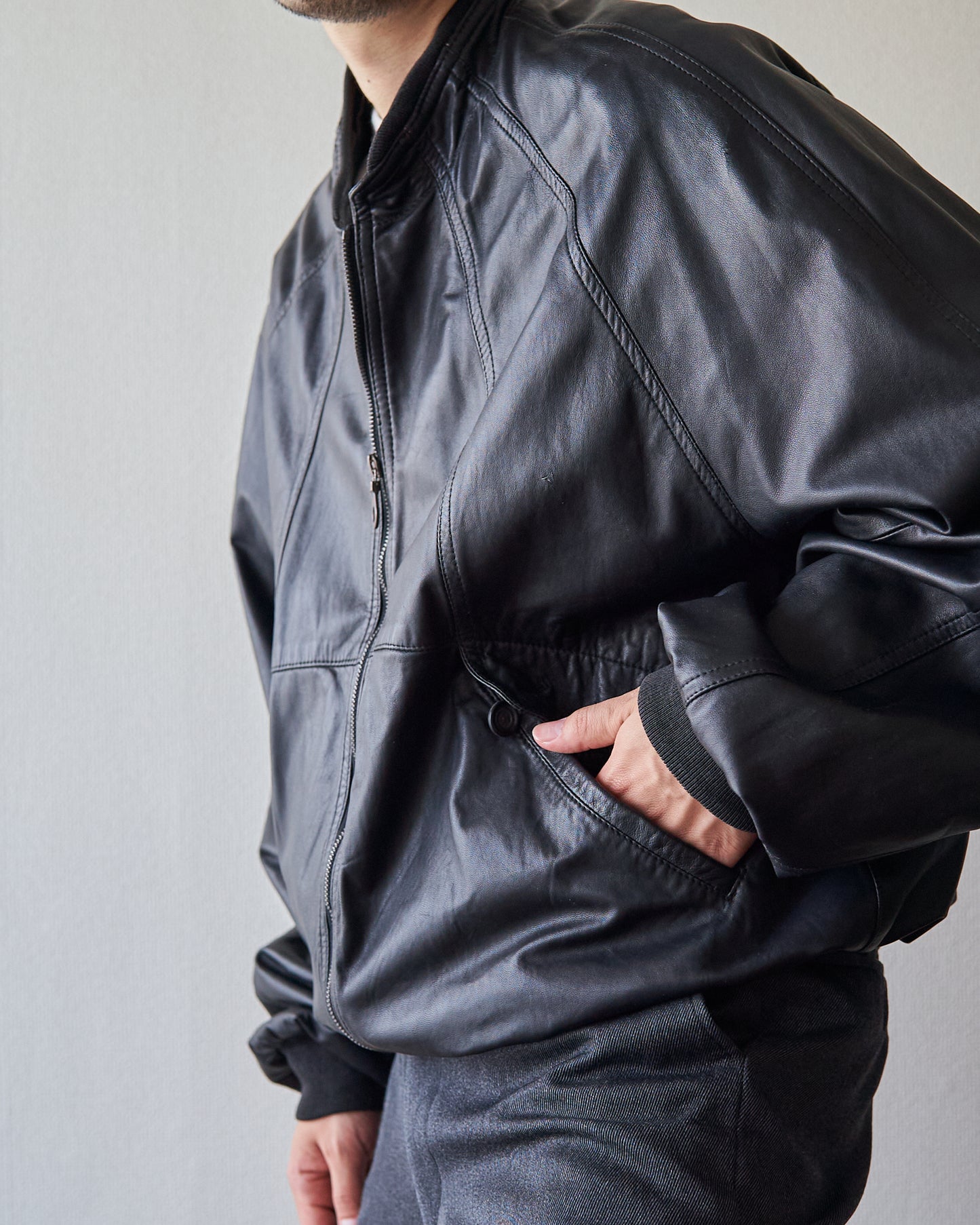 80s-90s GIMO’S Lambskin Leather Raglan Sleeve Bomber Jacket / Black 85