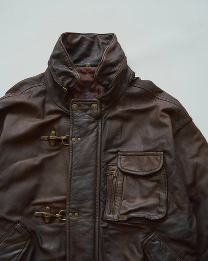 【SIZE S-M】80s Italian Leather Fireman  Hooded Jacket / Brown