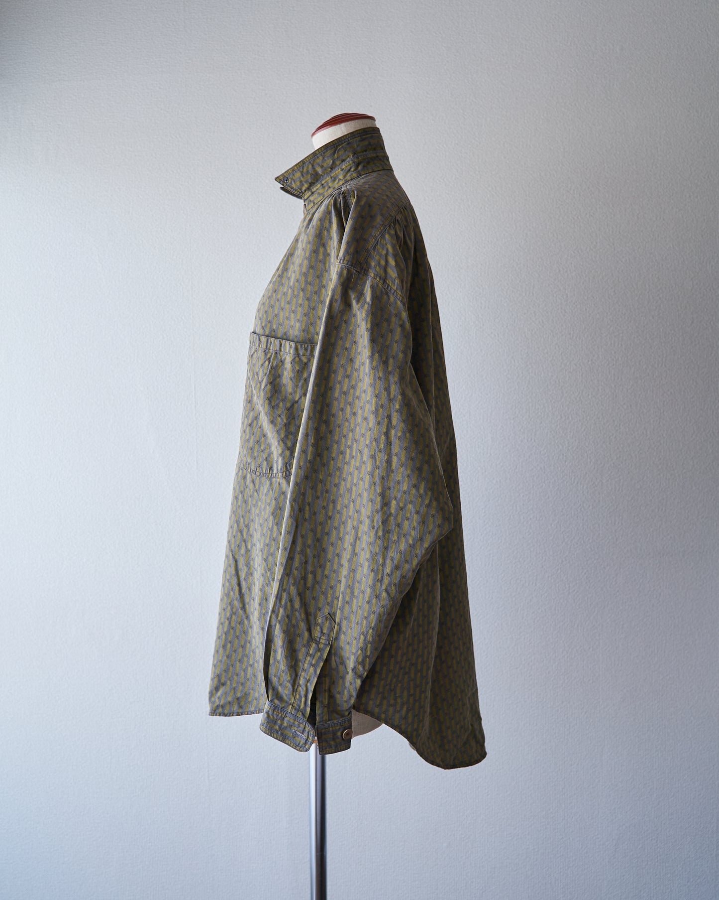 80-90s RENOMA PARIS Cotton Dobby-Striped Balloon Sleeve Shirt / Mustard Grey × Charcoal