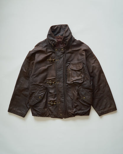 【SIZE S-M】80s Italian Leather Fireman  Hooded Jacket / Brown