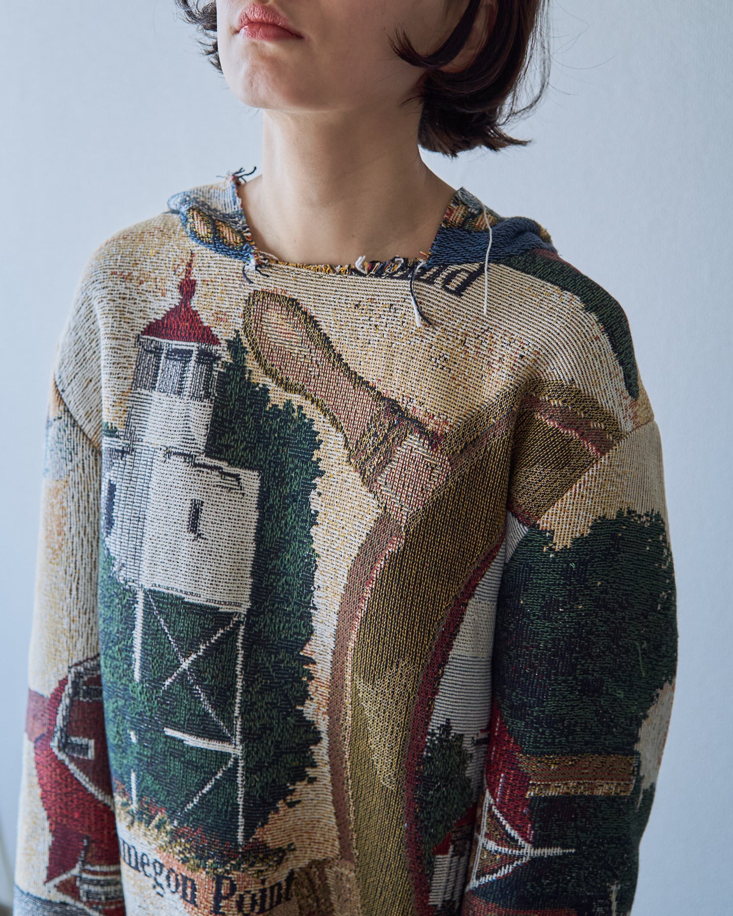 Lighthouse Jacquard Tapestry Remake Hoodie / Fringe Trim Multi