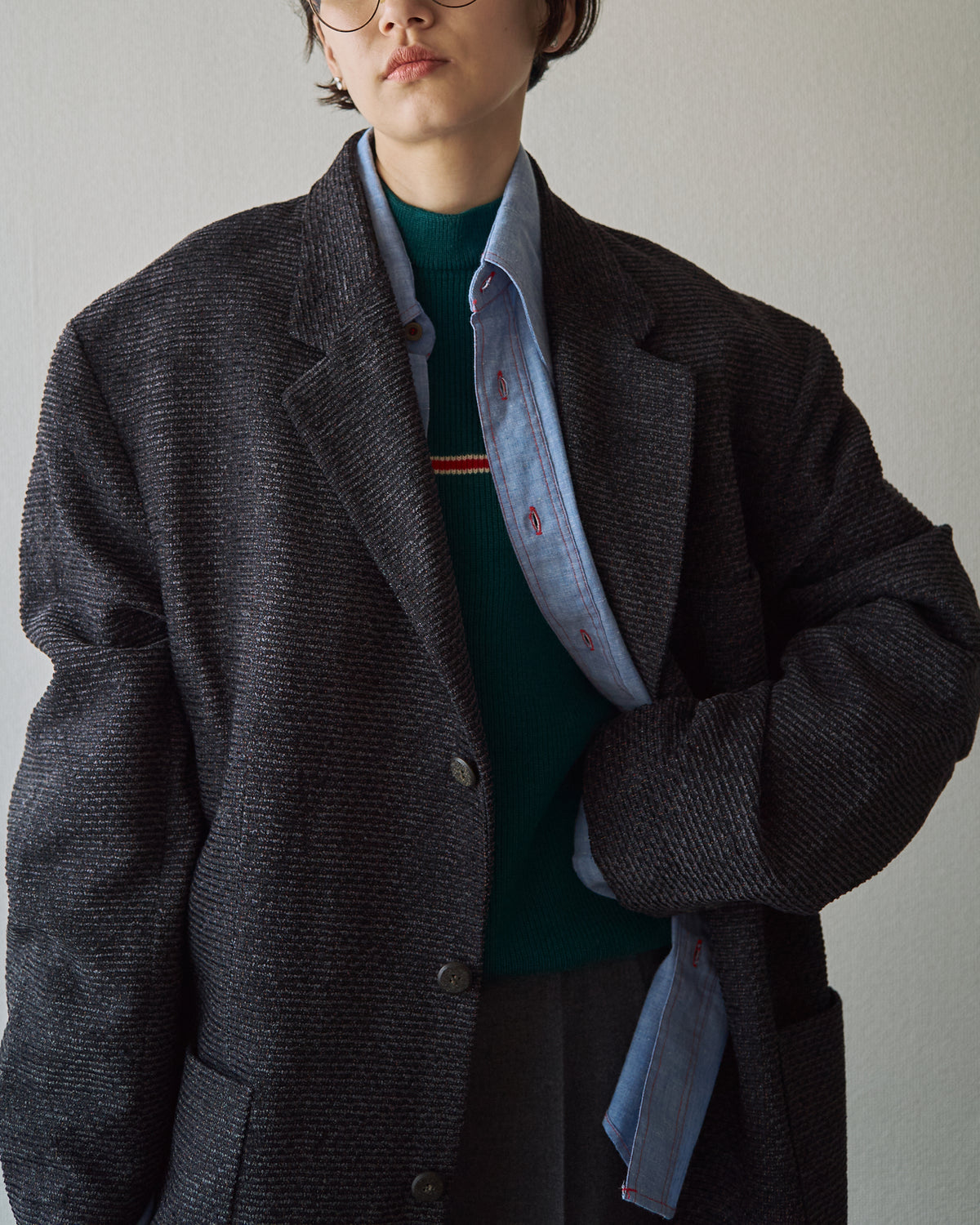 【Size L】90s JHANE BARNES Wool/Linen Textured boucle Jacket / Black