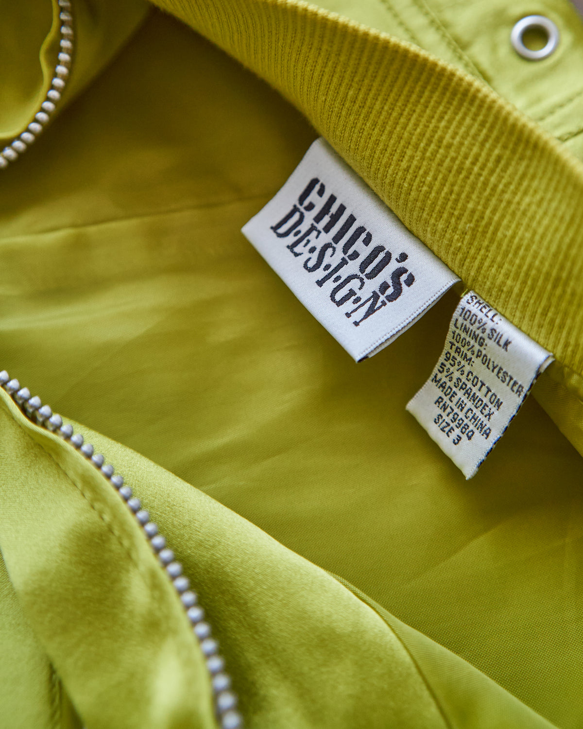 【SIZE S-M】2010s CHICO'S DESIGN Silk Satin MA-1 Bomber / Chartreuse Yellow