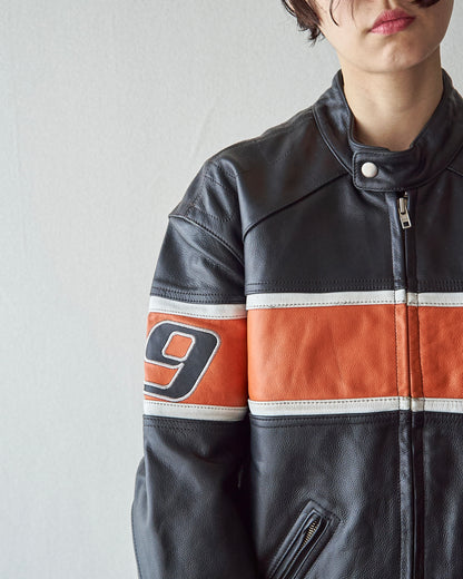 【SIZE S-M】80-90s HEIN GERICKE Colorblock Leather Racing Jacket / Black Orange
