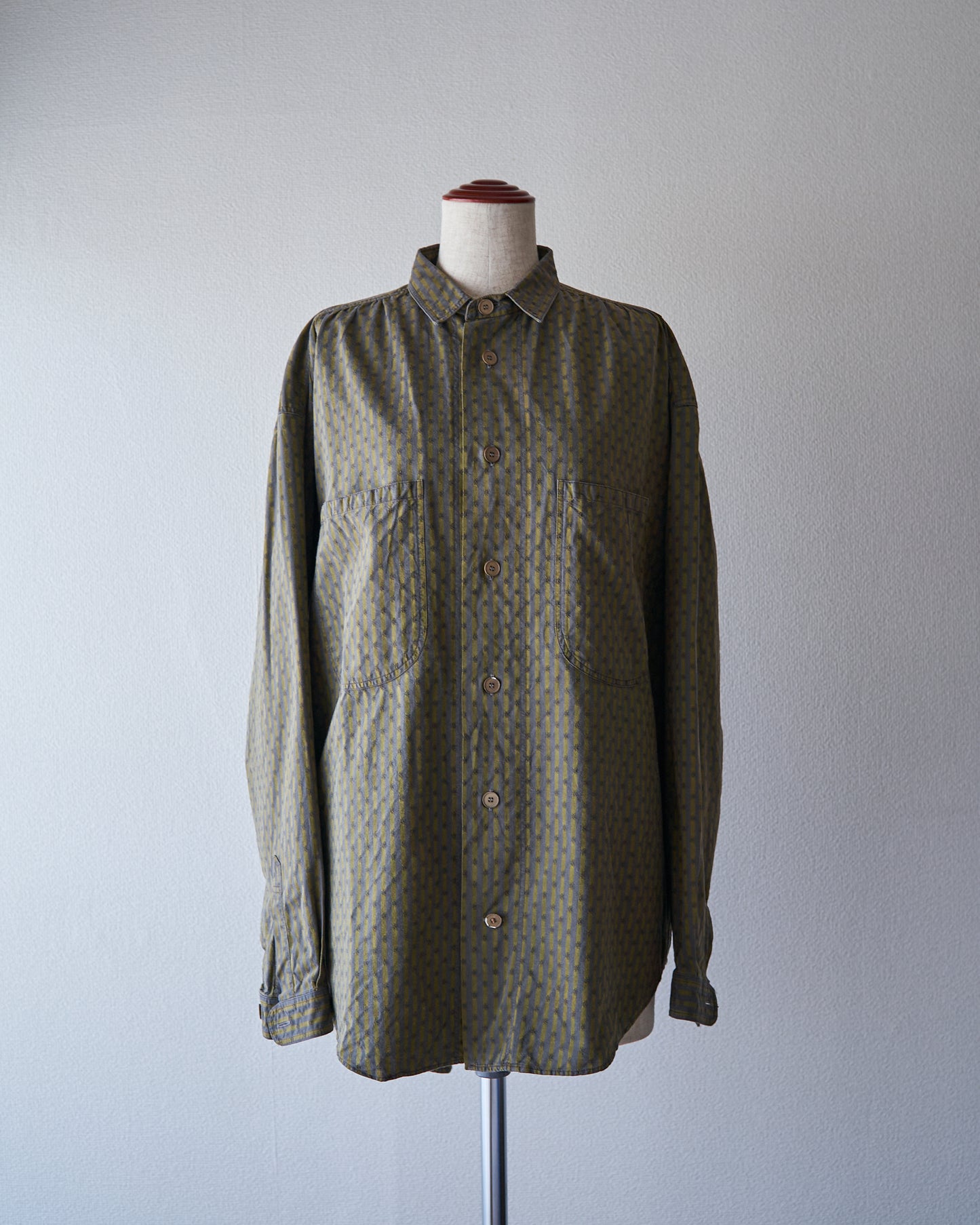 80-90s RENOMA PARIS Cotton Dobby-Striped Balloon Sleeve Shirt / Mustard Grey × Charcoal