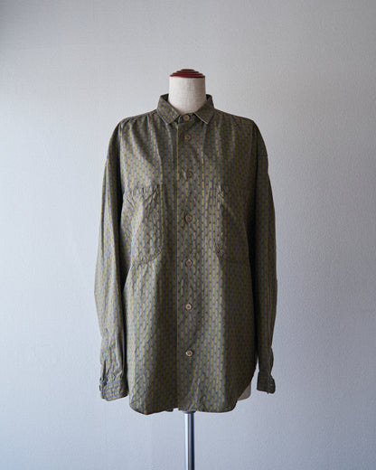 【Size S-M】80-90s RENOMA PARIS Cotton Dobby-Striped Balloon Sleeve Shirt / Mustard Grey × Charcoal
