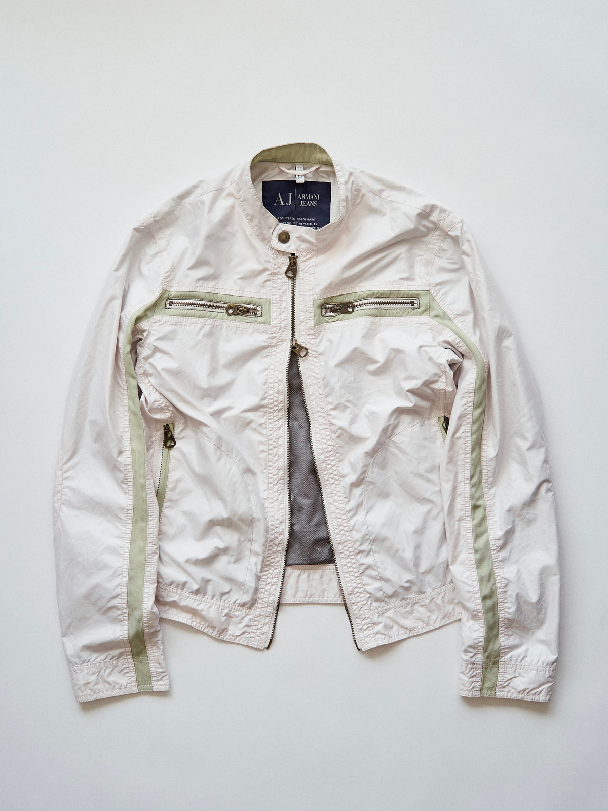 【SIZE M】2000s ARMANI JEANS PU-Coated Racing Stripe Moto Jacket / Ivory Sage Line