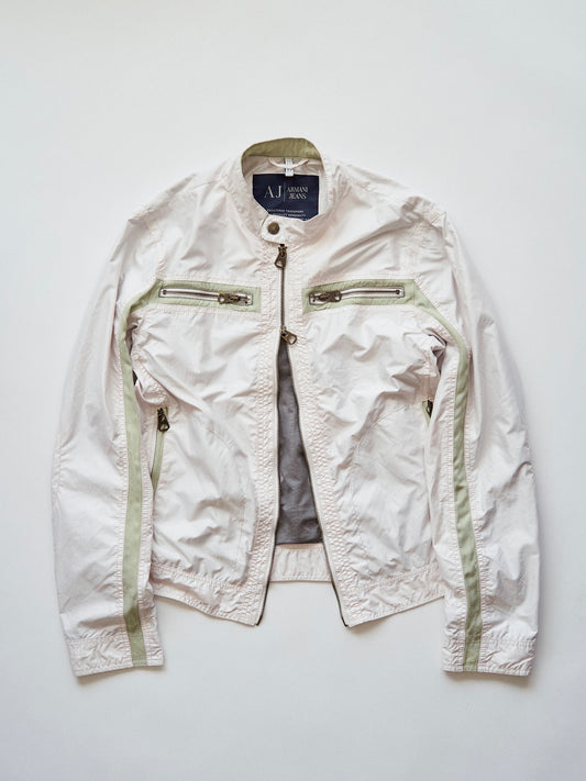 【SIZE M】2000s ARMANI JEANS PU-Coated Racing Stripe Moto Jacket / Ivory Sage Line