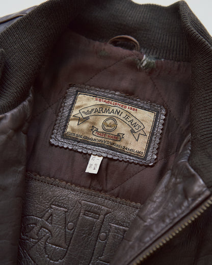 【SIZE L】-90s ARMANI JEANS  Leather Flight Bomber Jacket / Brown