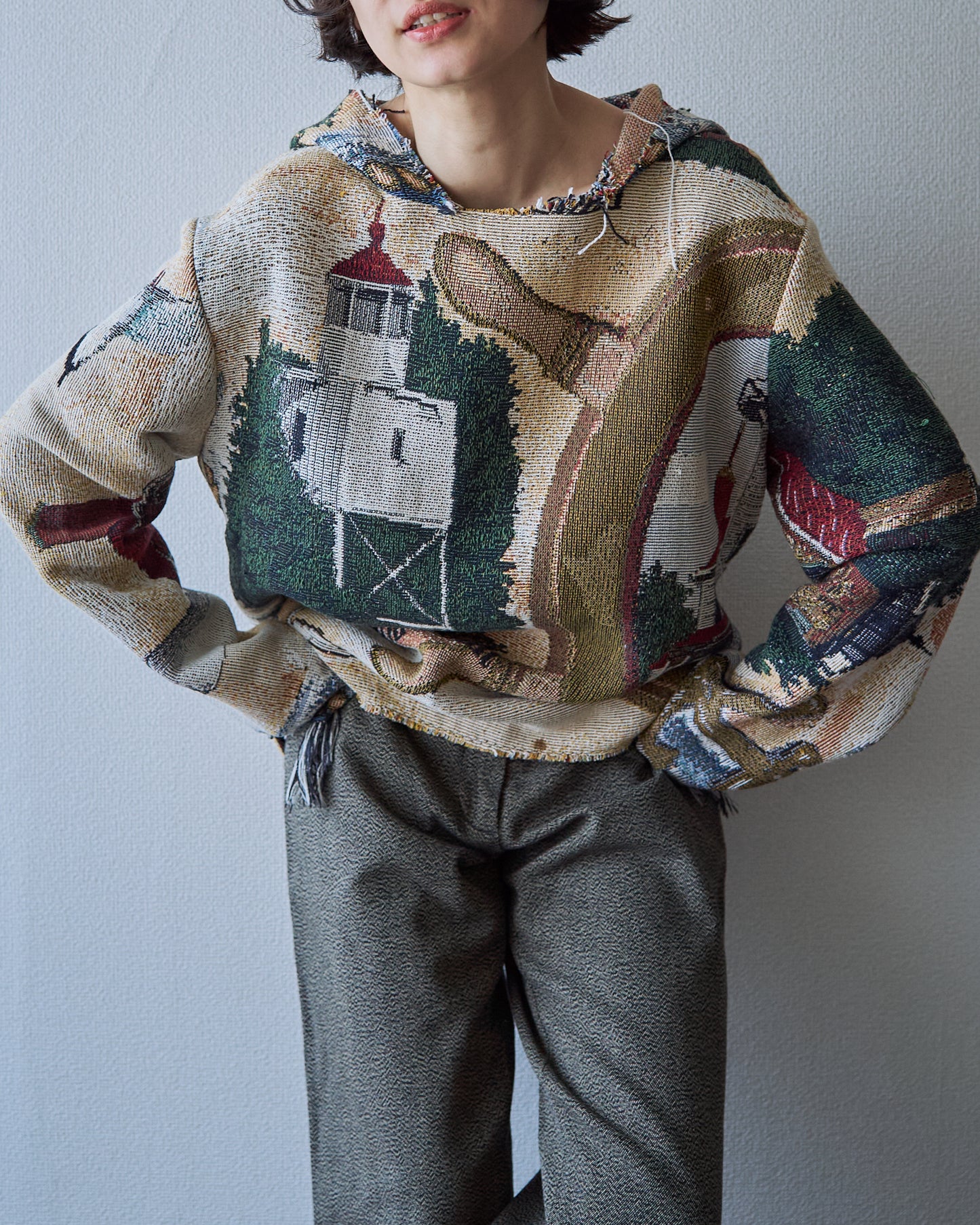 Lighthouse Jacquard Tapestry Remake Hoodie / Fringe Trim Multi
