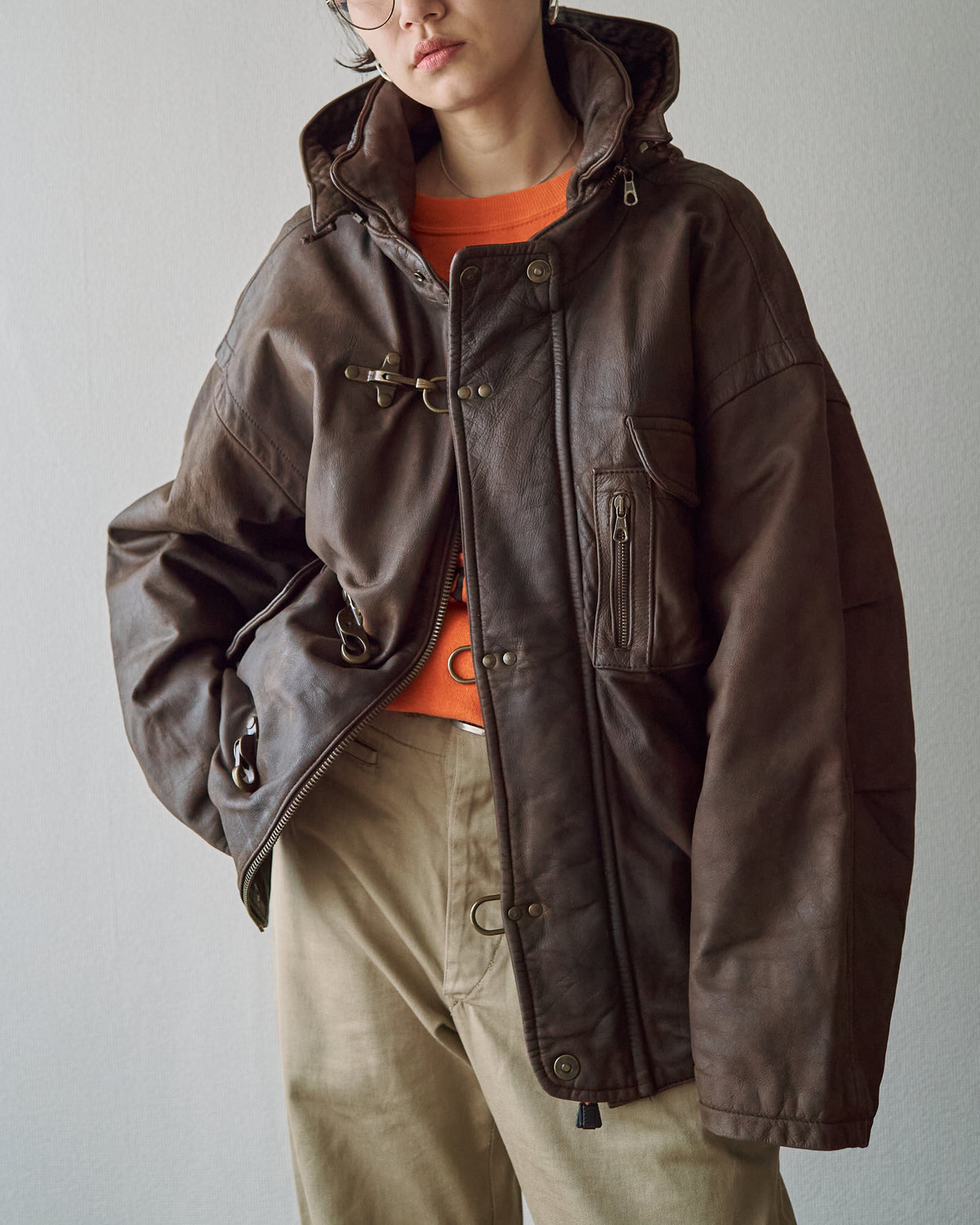 【SIZE S-M】80s Italian Leather Fireman  Hooded Jacket / Brown