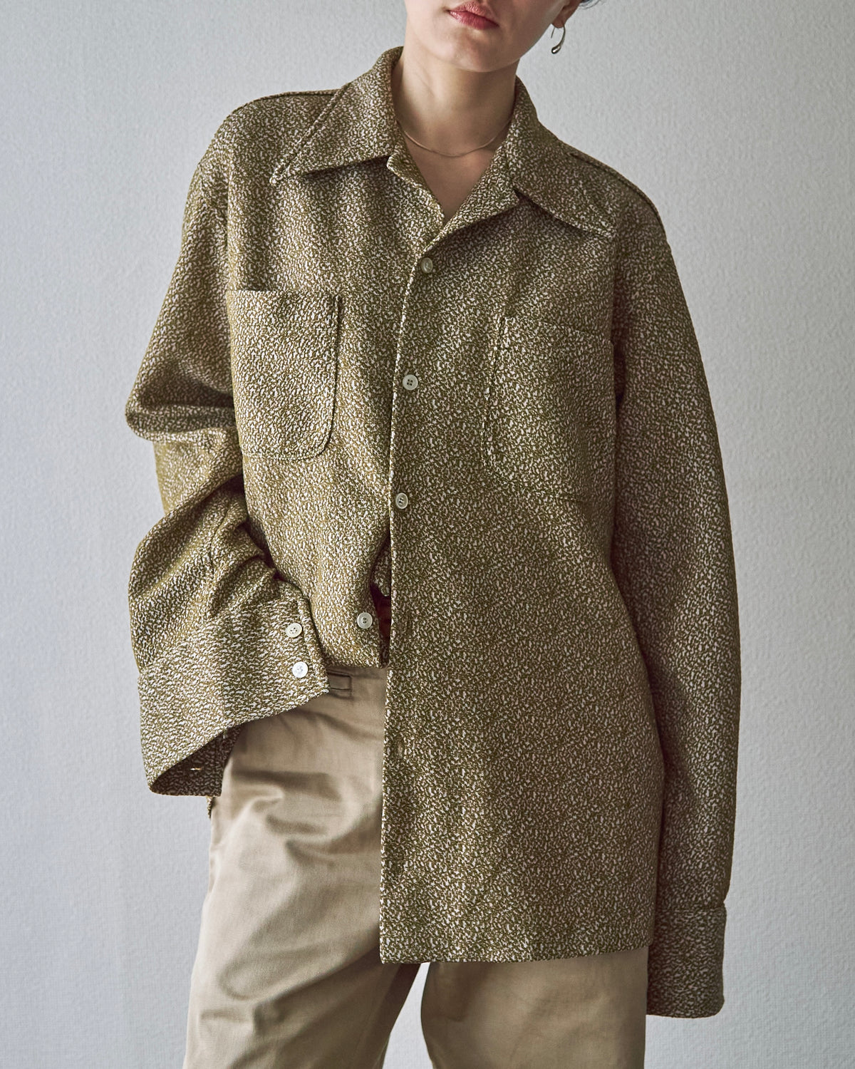 【SIZE M-L】70s Jacquard Knit Open Collar Shirt / Olive Ivory