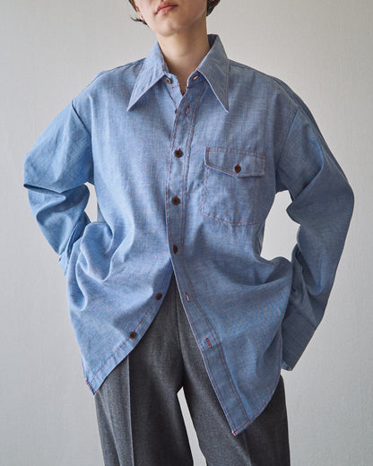【SIZE M-L】70-80s HOUSE OF HANOVER Contrast-Stitch Poly-Cotton Western Chambray Shirt / Blue