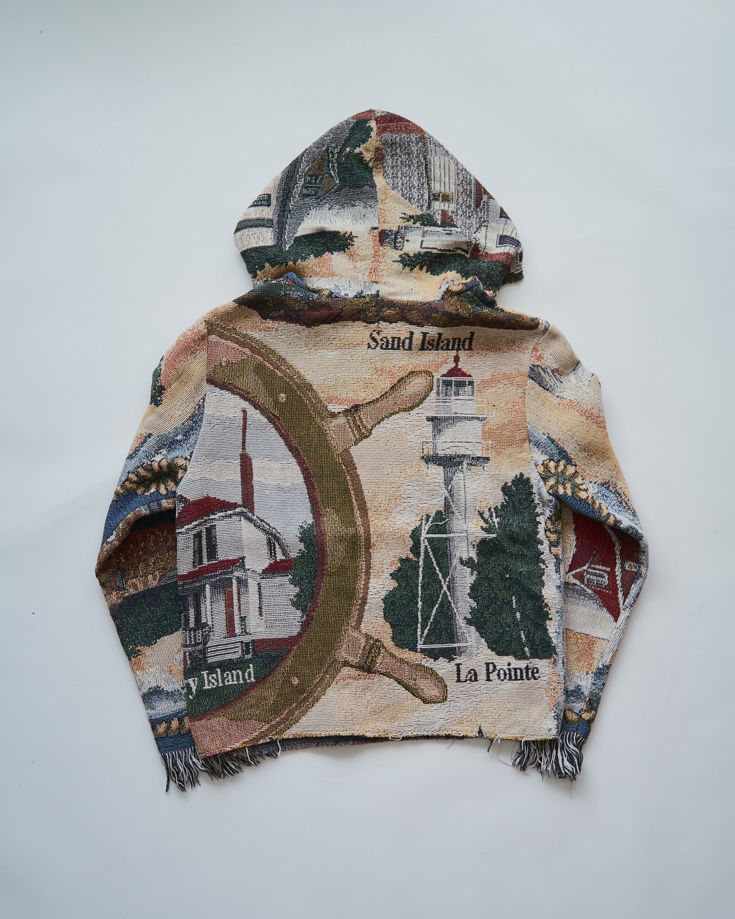 Lighthouse Jacquard Tapestry Remake Hoodie / Fringe Trim Multi