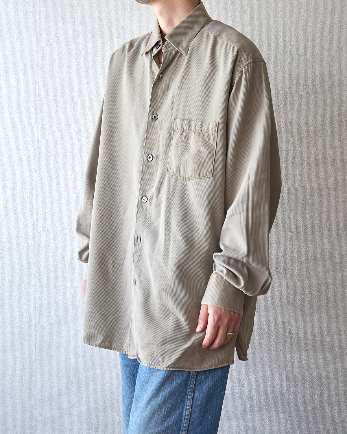 【SIZE L】-00s ERMENEGILDO ZEGNA Cotton Rayon Hairline-Striped Shirt / Beige