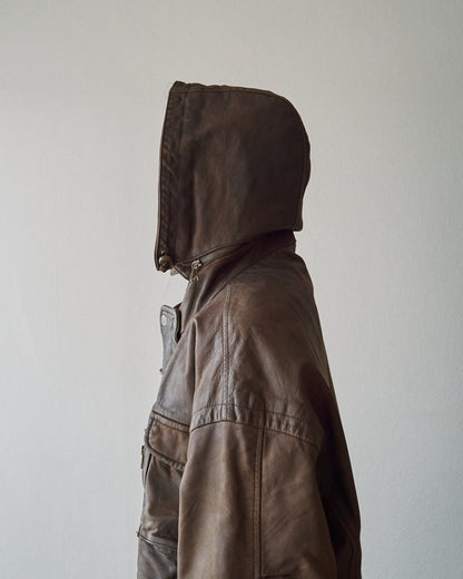 【SIZE S-M】80s Italian Leather Fireman  Hooded Jacket / Brown