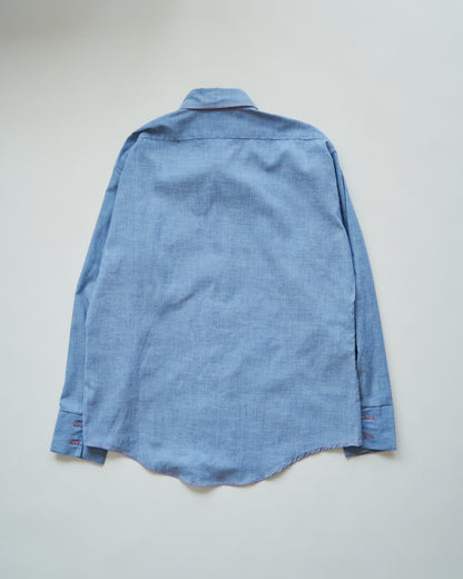 【SIZE M-L】70-80s HOUSE OF HANOVER Contrast-Stitch Poly-Cotton Western Chambray Shirt / Blue