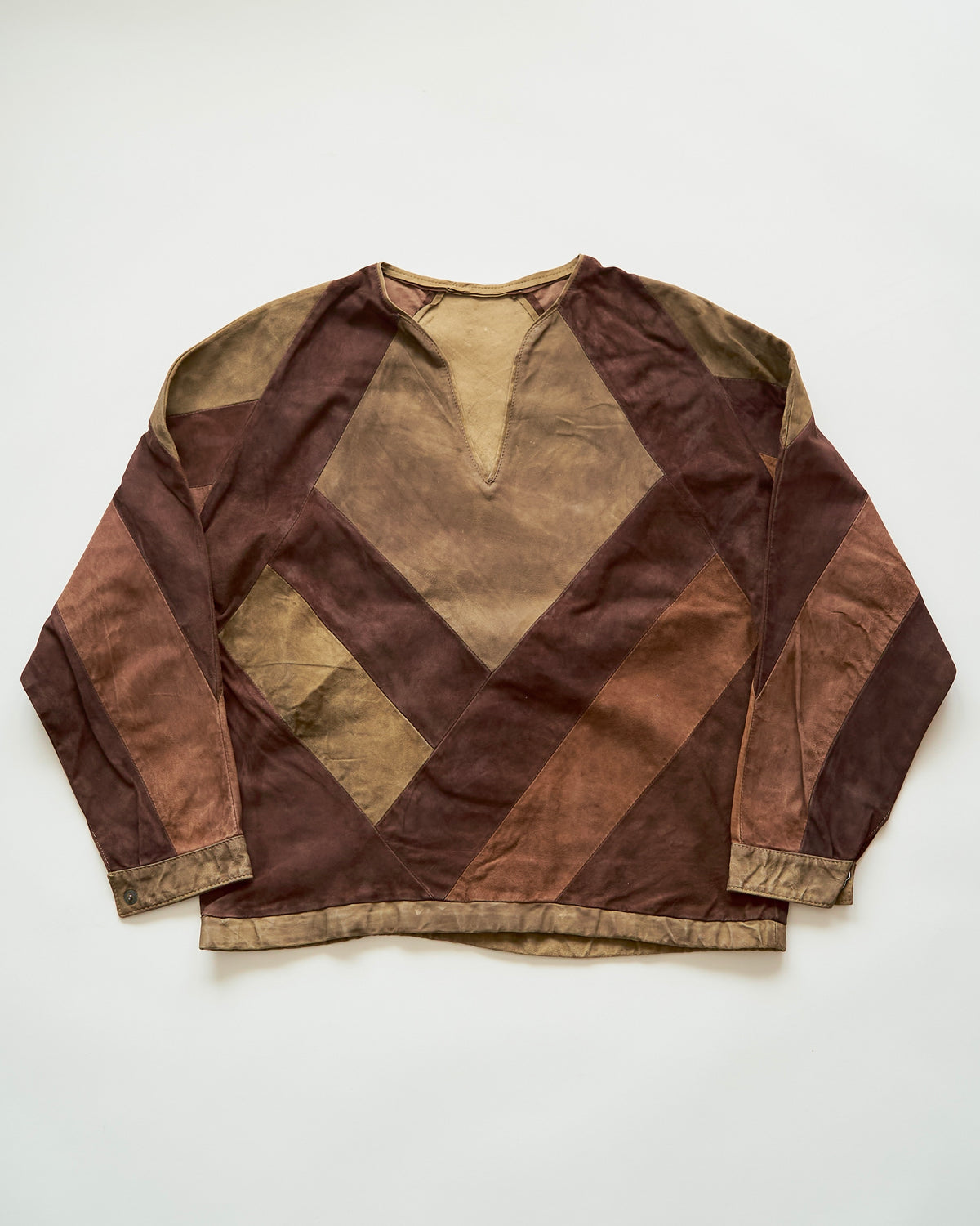 【SIZE S】70s Geometric Patchwork Suede Pullover / Tonal Brown