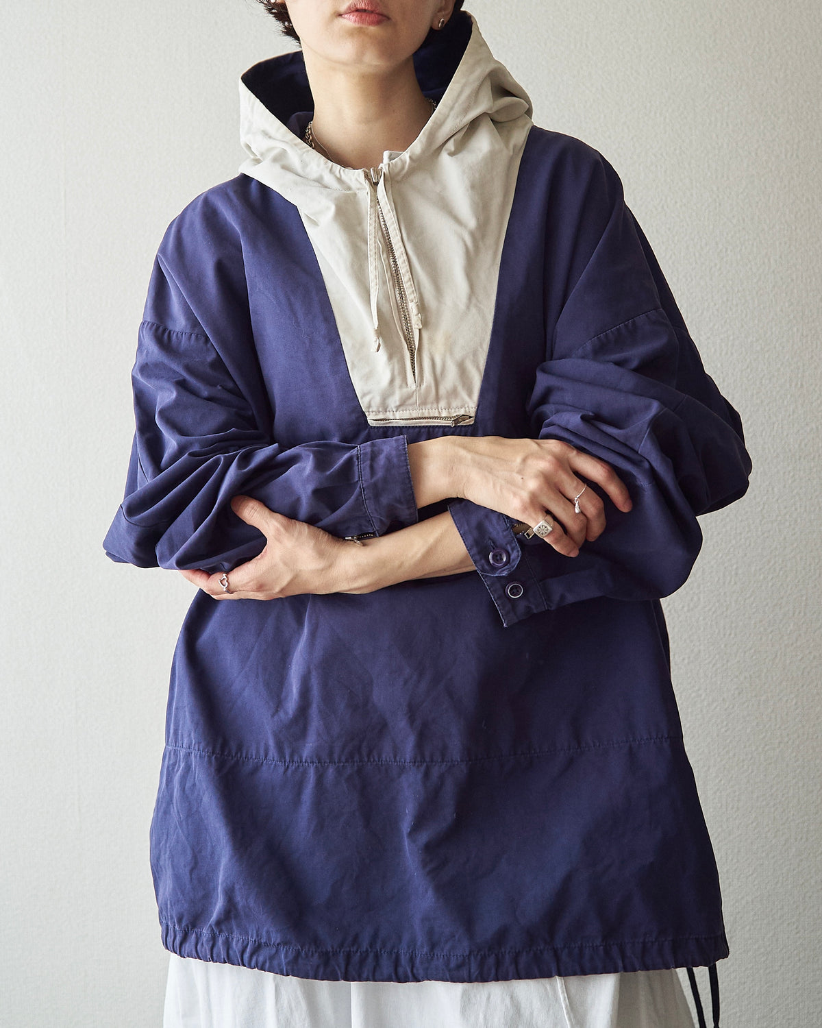 【SIZE XL】90's J.CREW Cotton Two-Tone Pullover Anorak / Navy x Ivory