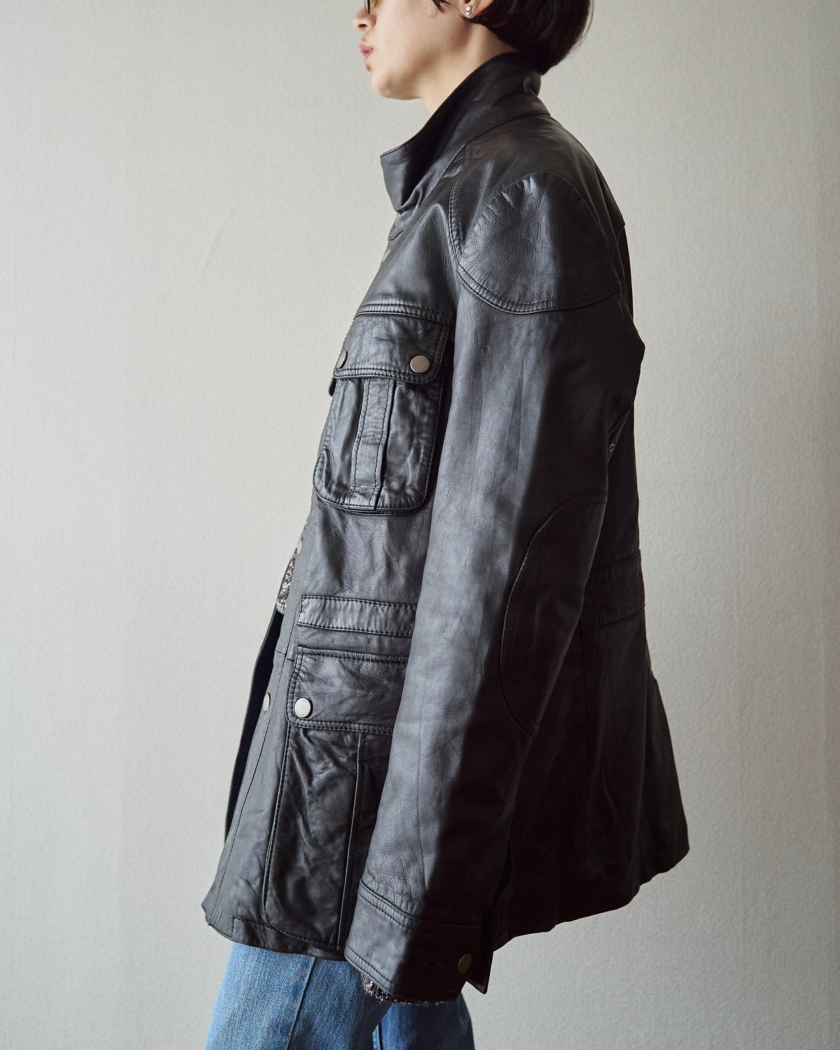 【SIZE L】00s-10s HUGO BOSS Lambskin Leather Utility Jacket/ Black