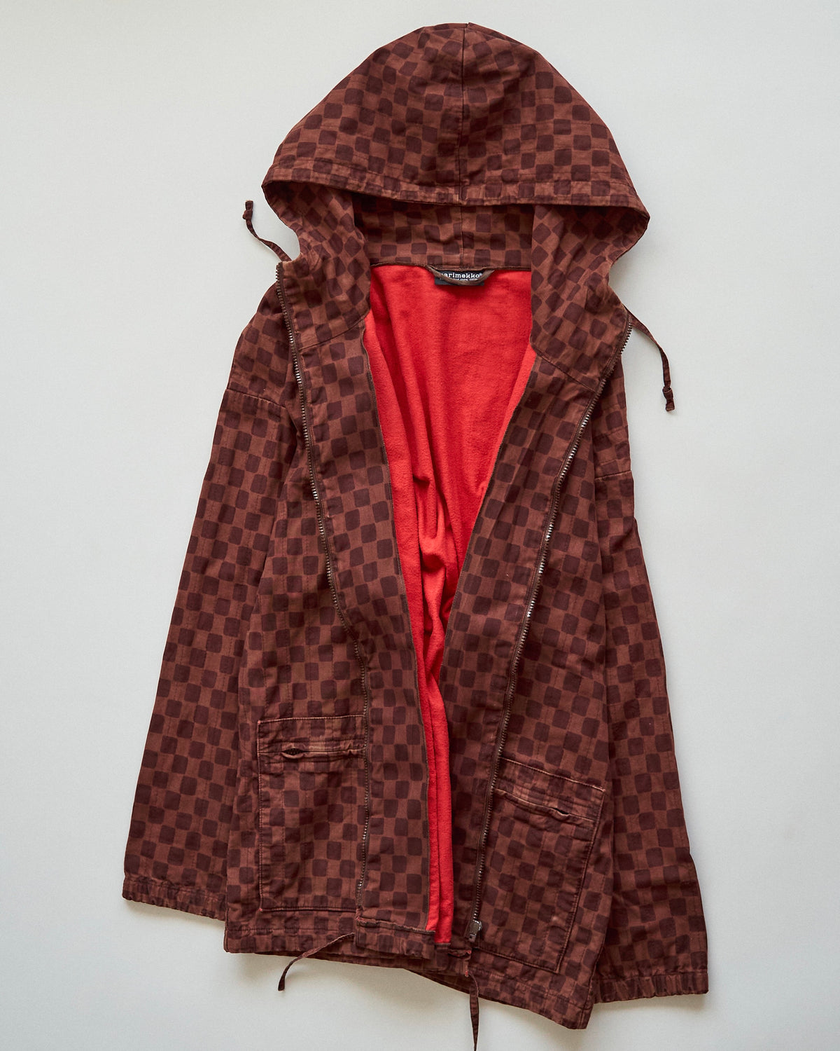 【M-L】90s MARIMEKKO Cotton Checkerboard Print Hooded Parka / Brown