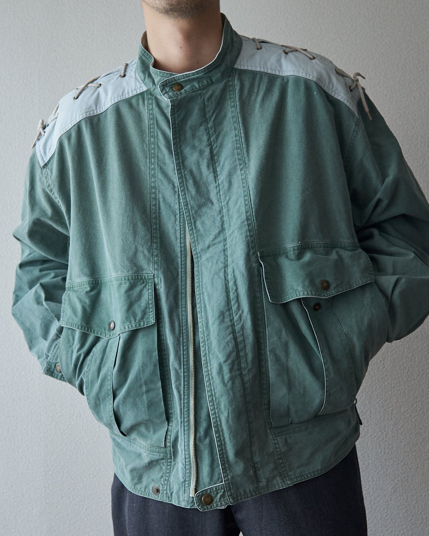90s ALLEGRI Two-Tone  Lace-Up Shoulder Cotton Blouson / Sage