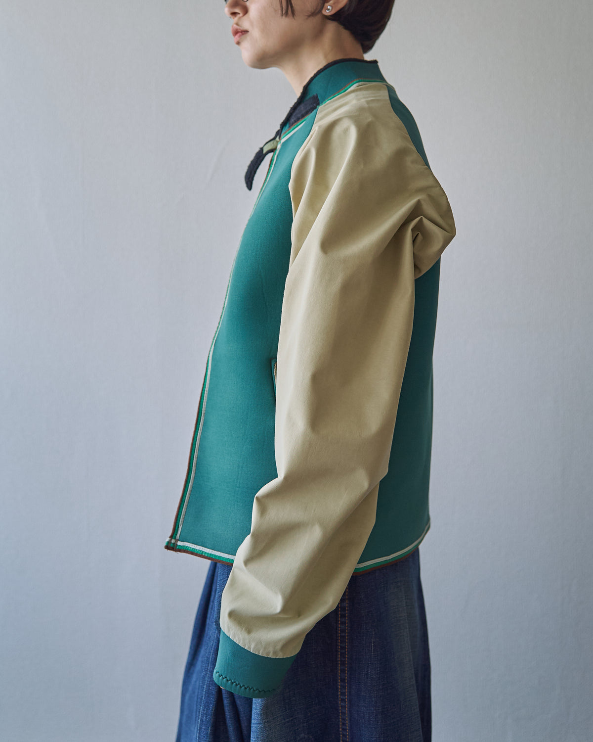 【SIZE S】1980-90s Neoprene Switching Jacket / Green × Beige