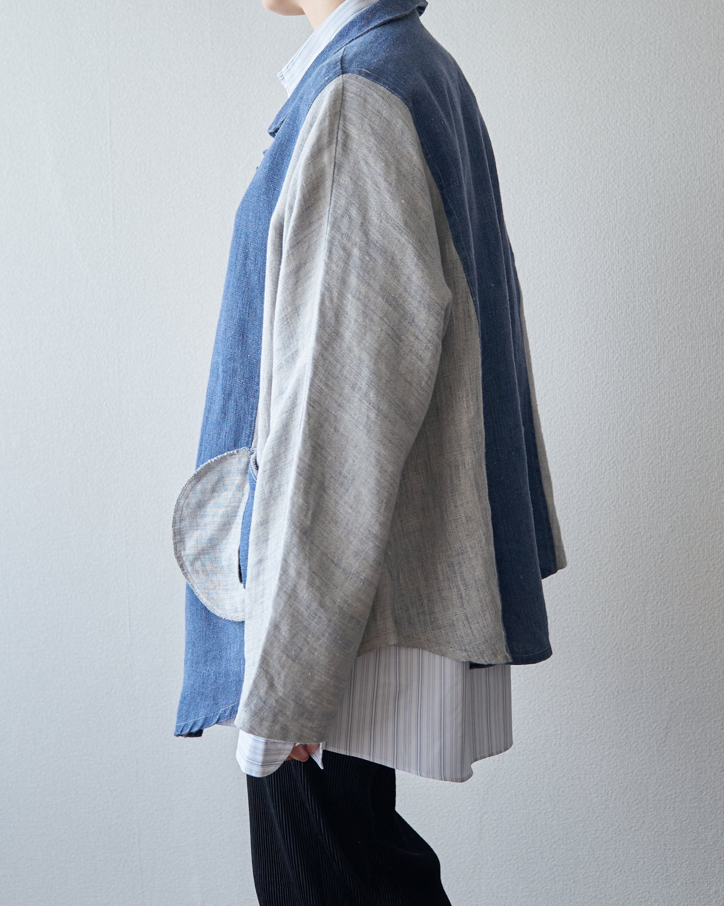 80-90s Circular Pocket Switching Linen Jacket / Blue × Gray