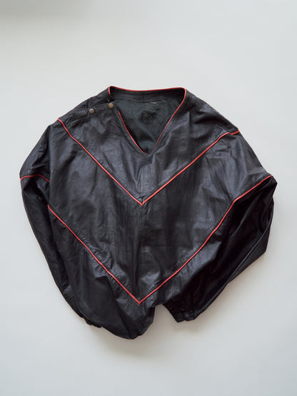 【SIZE XL】80s Shoulder-Snap Oversized Piping Leather Pullover / Black Red Piping